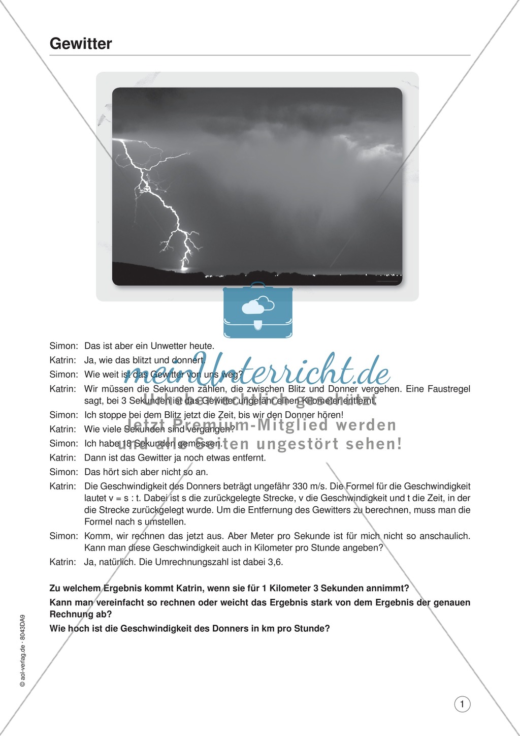 Mathe im Alltag - Die Geschwindigkeit des Donners: Übungen und Lösung Preview 1