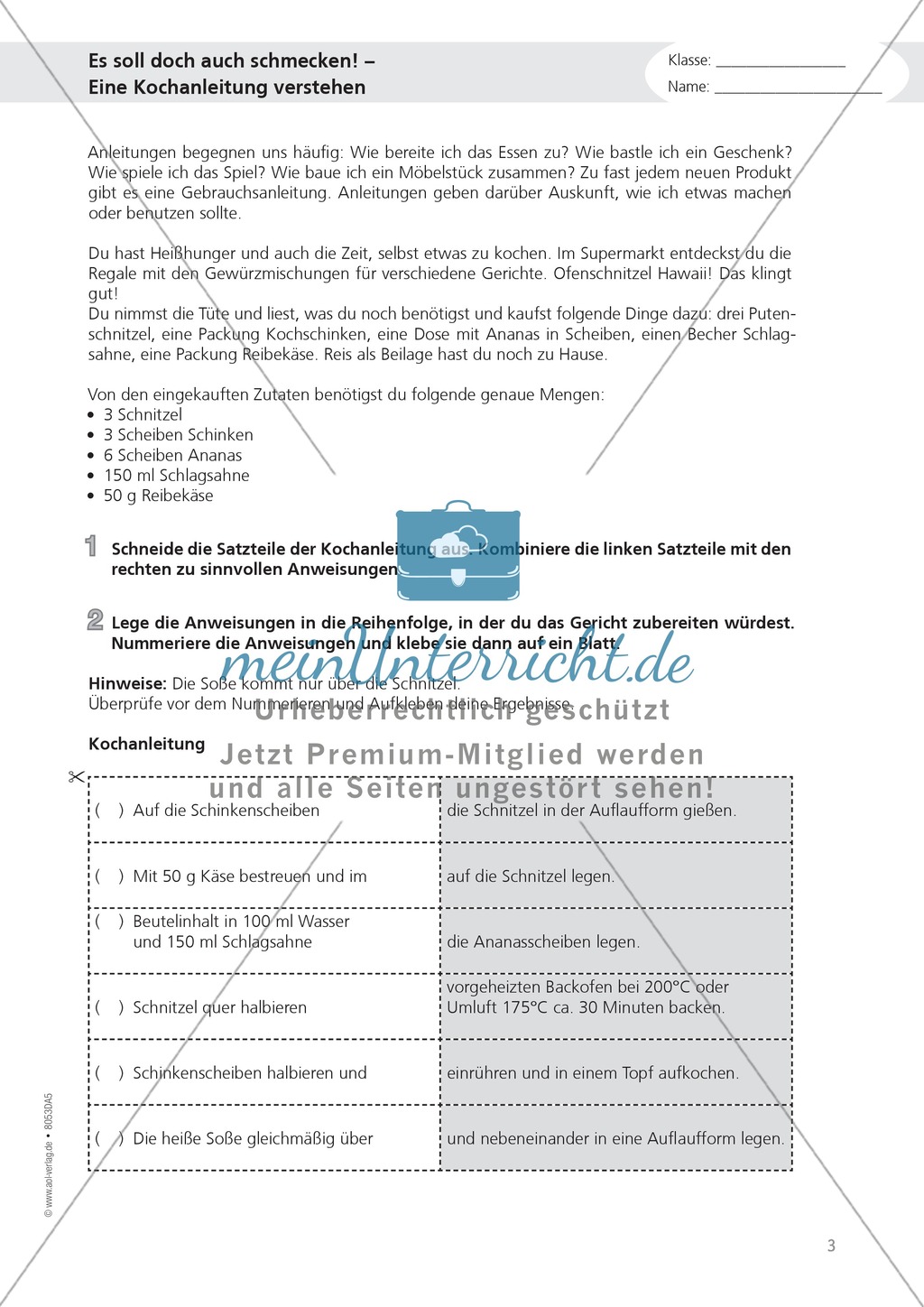 Alltagskompetenzen: "Anweisungen und Rezepte" - Lesetext + Aufgaben + Lösungen Preview 3