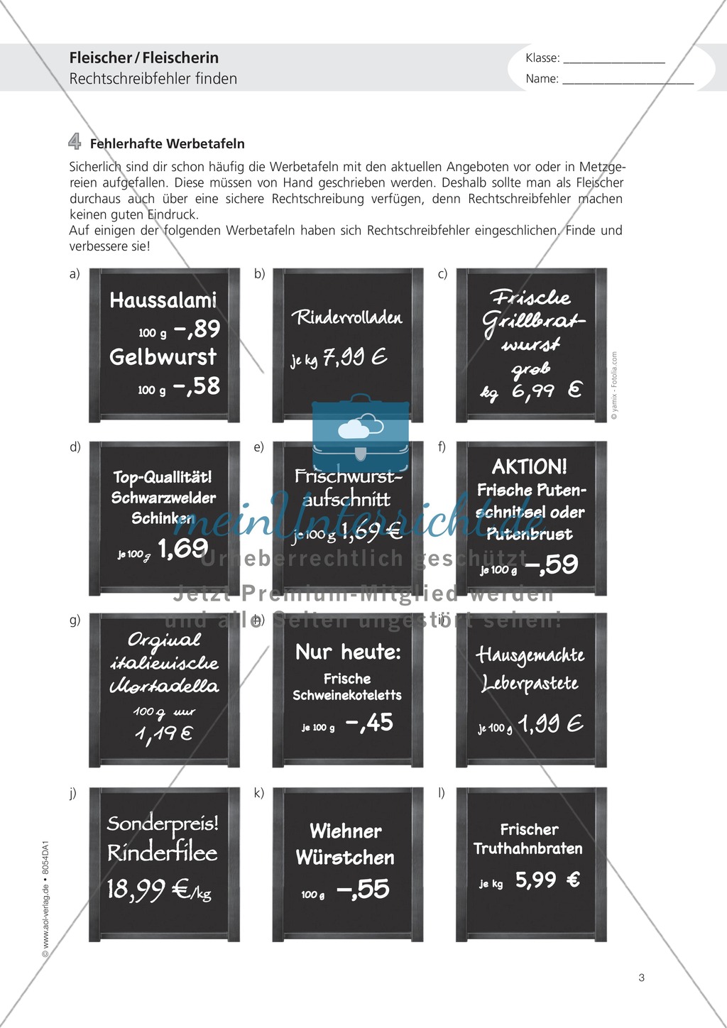 Deutsch-Aufgaben aus dem Berufsalltag - Arbeiten als Fleischer: Übungen und Lösung Preview 3