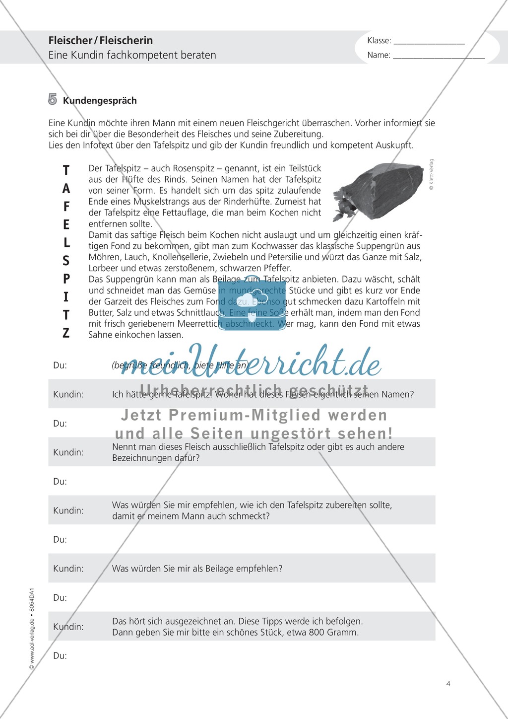 Deutsch-Aufgaben aus dem Berufsalltag - Arbeiten als Fleischer: Übungen und Lösung Preview 4