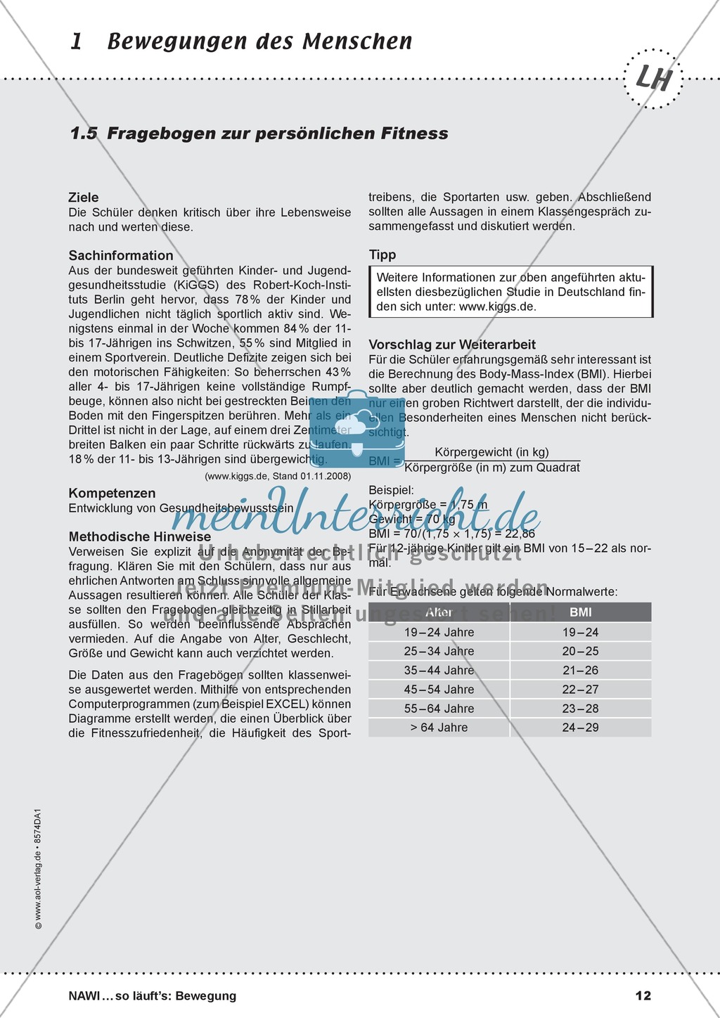 Die Bewegung des Menschen: Lehrerübersicht, Schülermaterial, didaktische Konzeption, Test Preview 12
