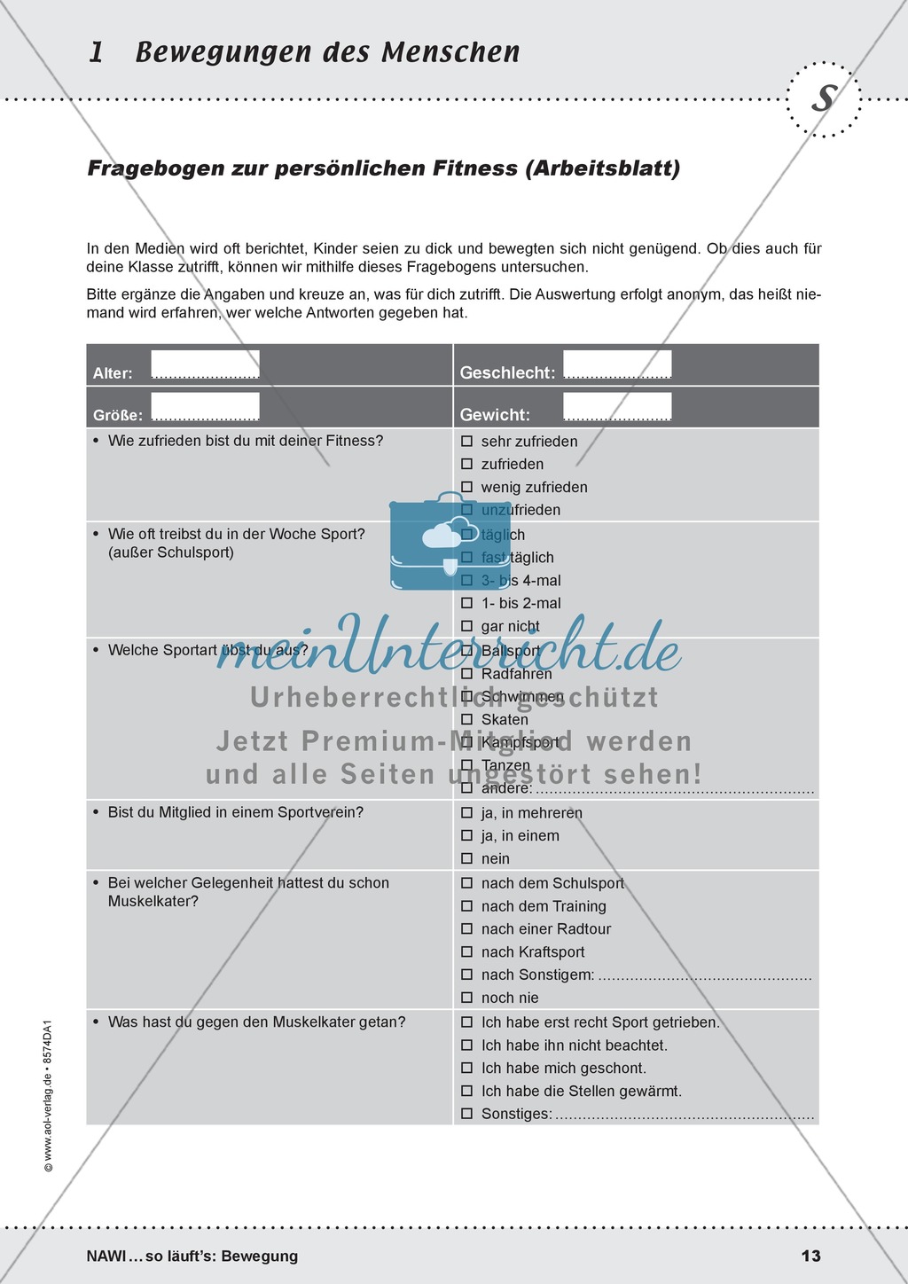 Die Bewegung des Menschen: Lehrerübersicht, Schülermaterial, didaktische Konzeption, Test Preview 13