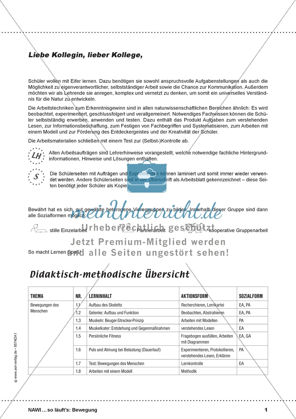 Die Bewegung des Menschen: Lehrerübersicht, Schülermaterial, didaktische Konzeption, Test Preview 1