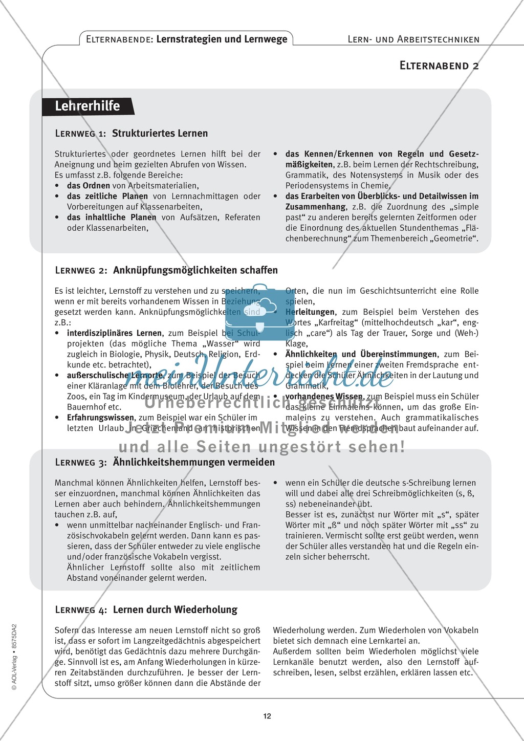Methodik - Lernstrategien und Lernwege auf Elternabenden vermitteln: Lehrerhandreichung Preview 12