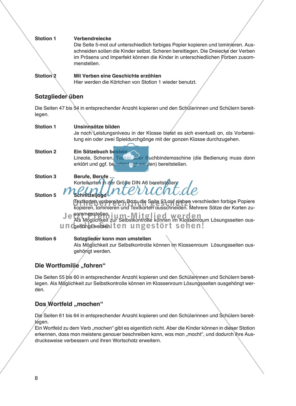 Stationsarbeit "Satzglieder Üben". Enthält Vorlagen für Lernstationen, Lösungen und Erläuterungen. Preview 1