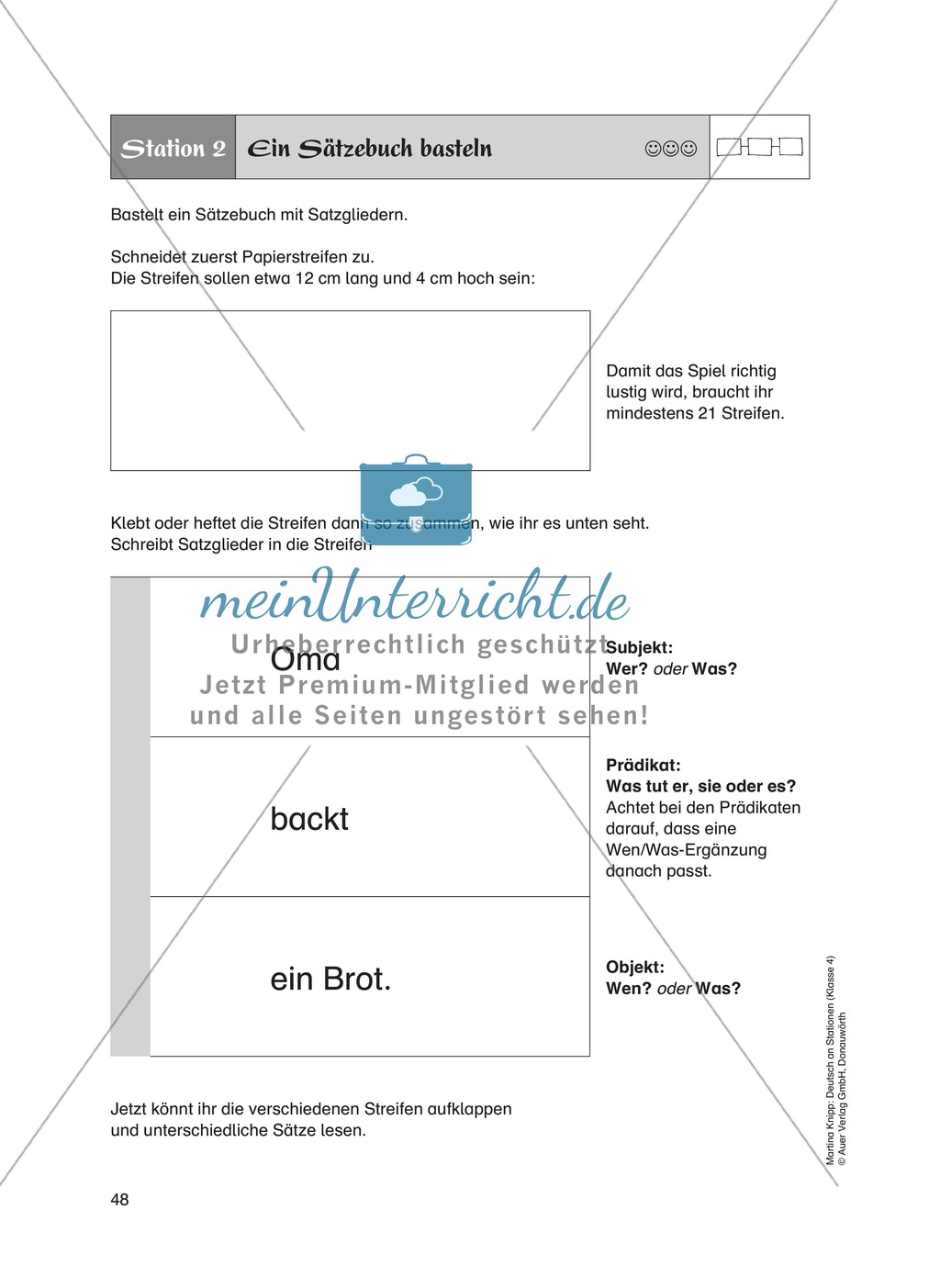Stationsarbeit "Satzglieder Üben". Enthält Vorlagen für Lernstationen, Lösungen und Erläuterungen. Preview 3