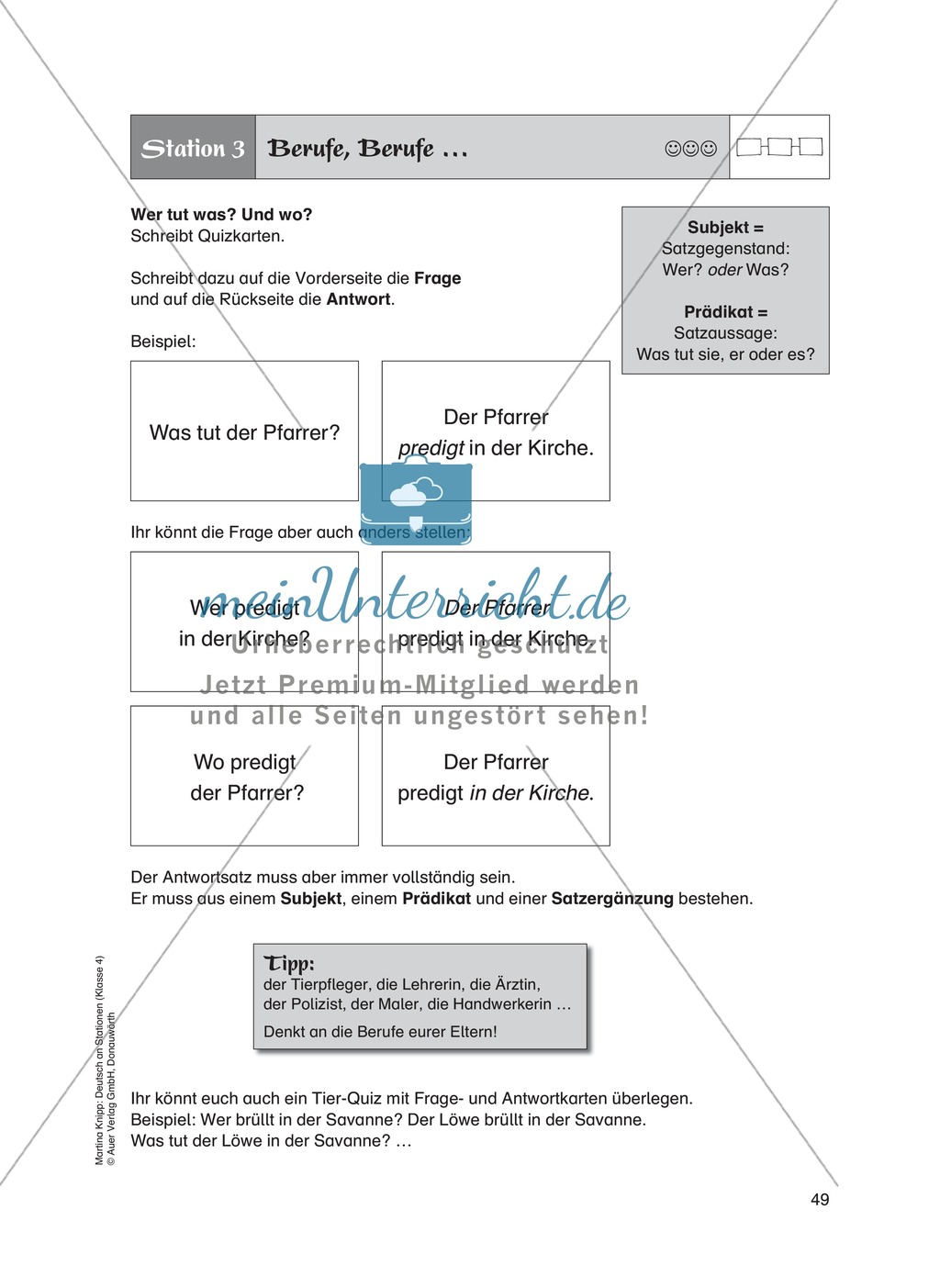 Stationsarbeit "Satzglieder Üben". Enthält Vorlagen für Lernstationen, Lösungen und Erläuterungen. Preview 4