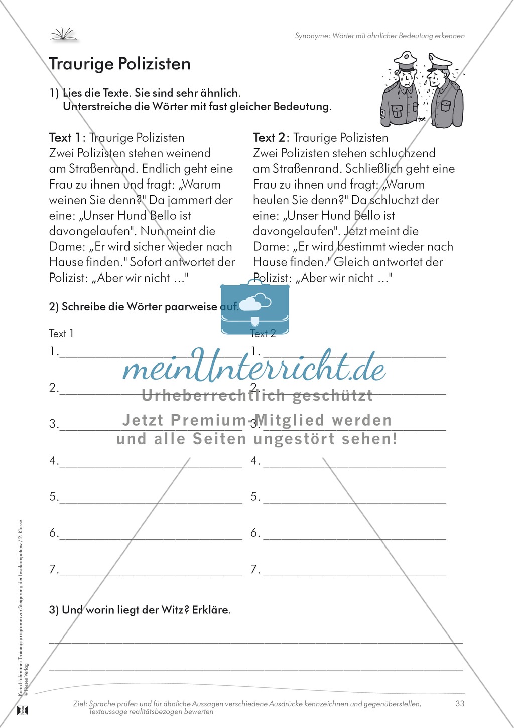 Lesekompetenz: Synonyme: Wörter mit ähnlicher Bedeutung finden: Arbeitsblätter und Lösungen Preview 3