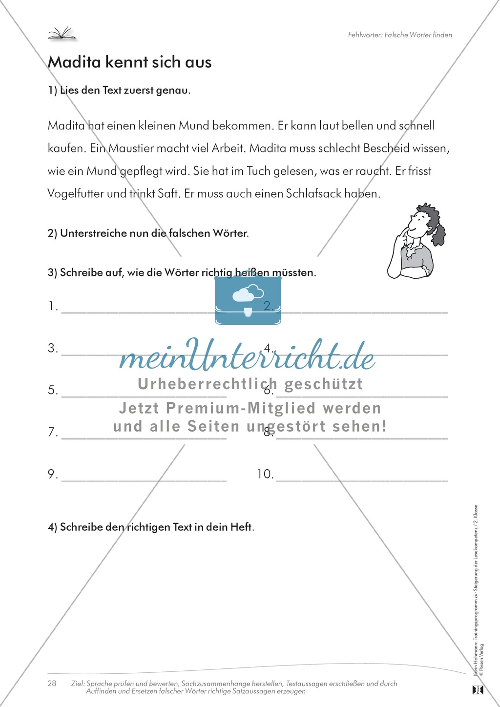 Lesekompetenz: Falsche Wörter finden und ersetzen: Arbeitsblätter und Lösungen Preview 4