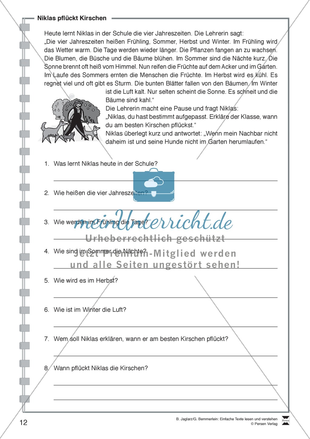 Niklas pflückt Kirschen: Lesetext, Arbeitsblätter und Lösungen Preview 1