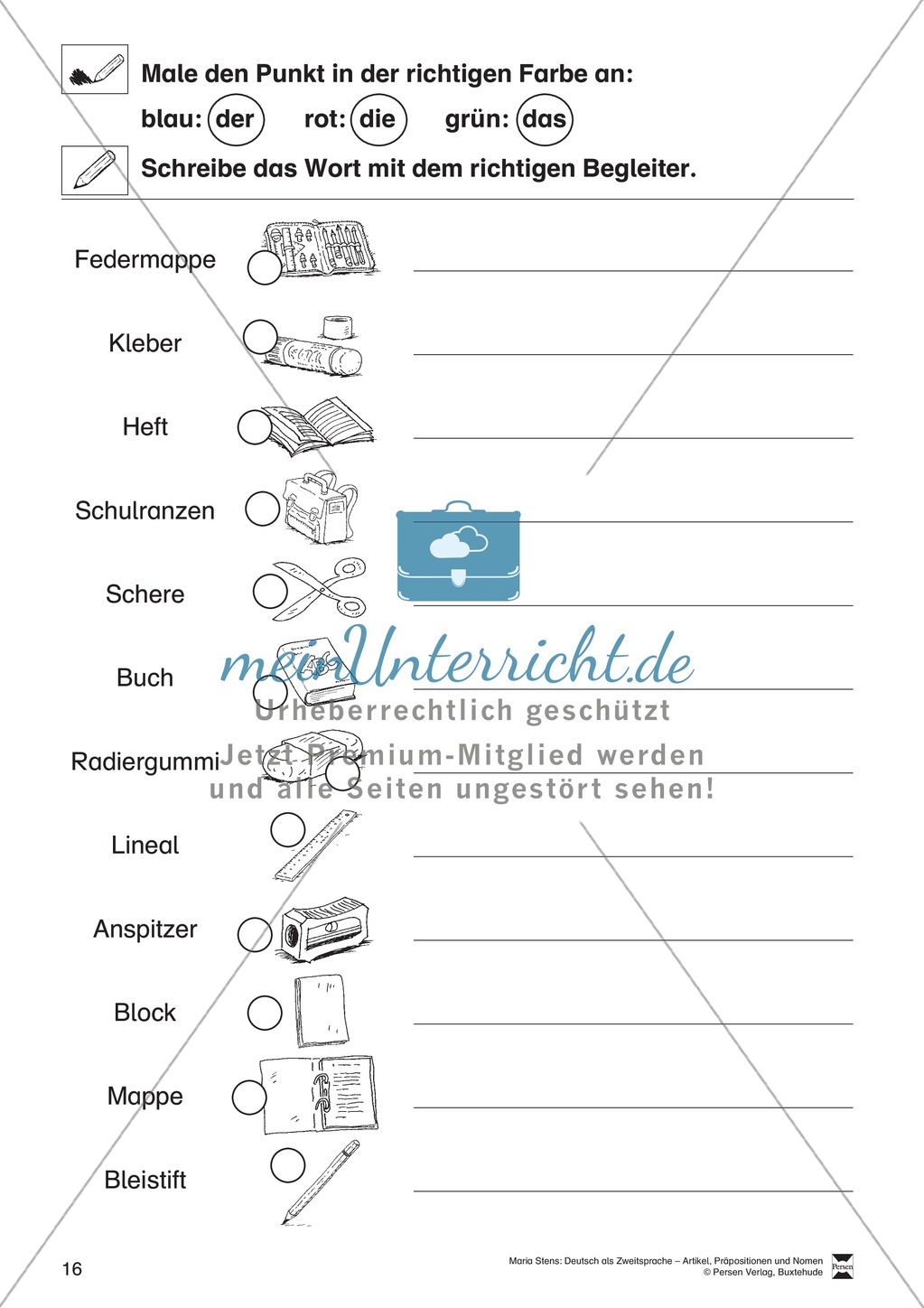 Artikel, Präpositionen und Nomen: Übungen rund um den Ranzen Preview 6