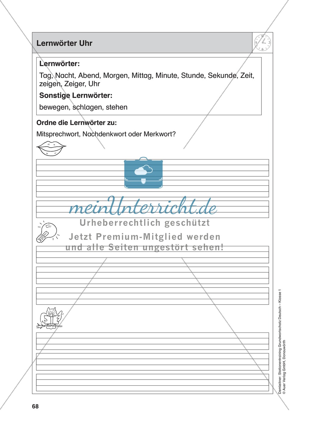 Stationentraining Uhr: Arbeitsblätter mit Lösungen, Diktat Preview 1