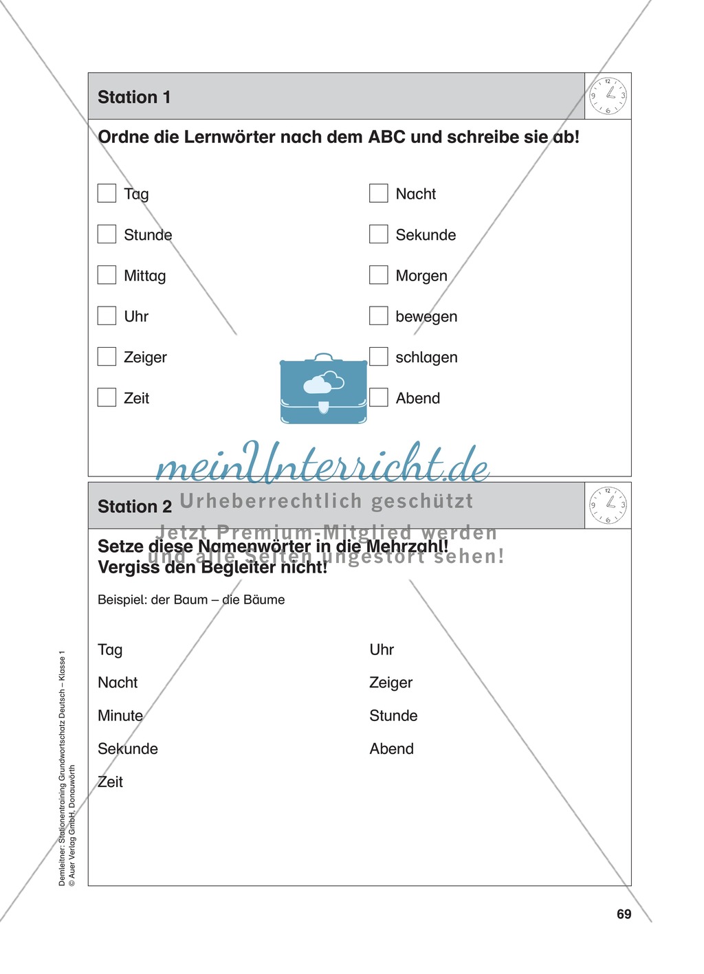 Stationentraining Uhr: Arbeitsblätter mit Lösungen, Diktat Preview 2