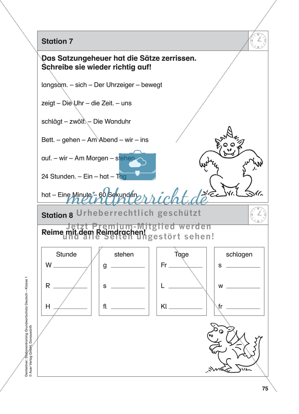 Stationentraining Uhr: Arbeitsblätter mit Lösungen, Diktat Preview 8
