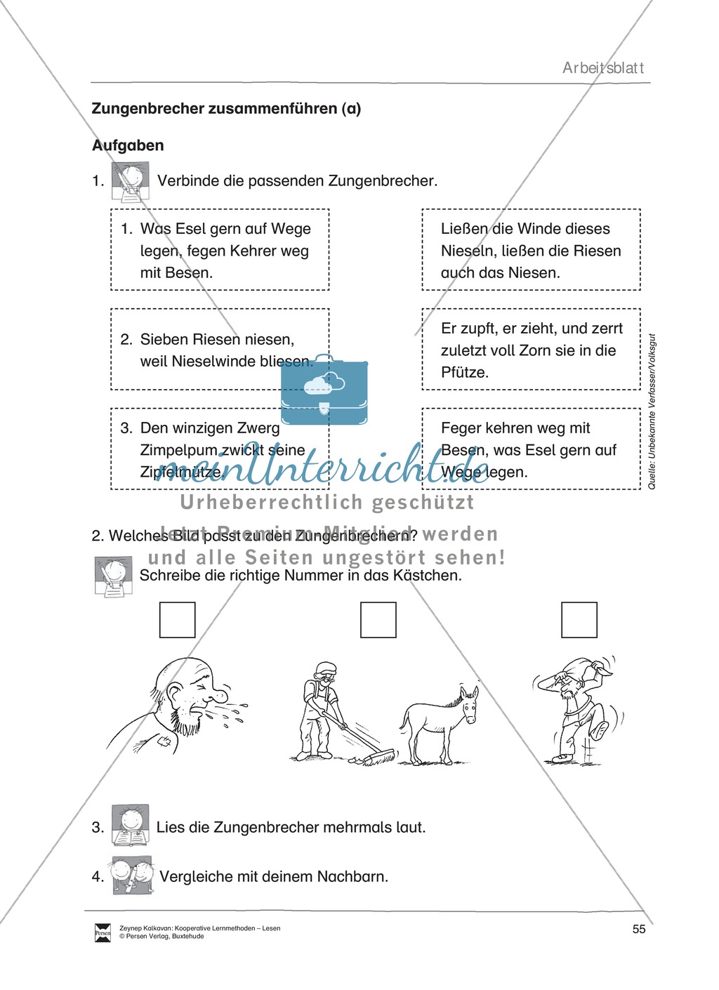 Unterrichtsbeispiel zu Zungenbrechern. Mit Arbeitsanweisungen, Arbeitsblätter und Lösungen. Preview 2