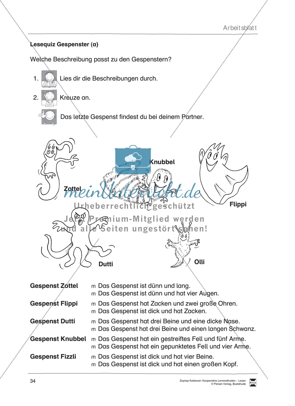 Unterrichtsbeispiel: Lesequiz Gespenster: Arbeitsanweisungen, Arbeitsblätter und Lösungen Preview 2