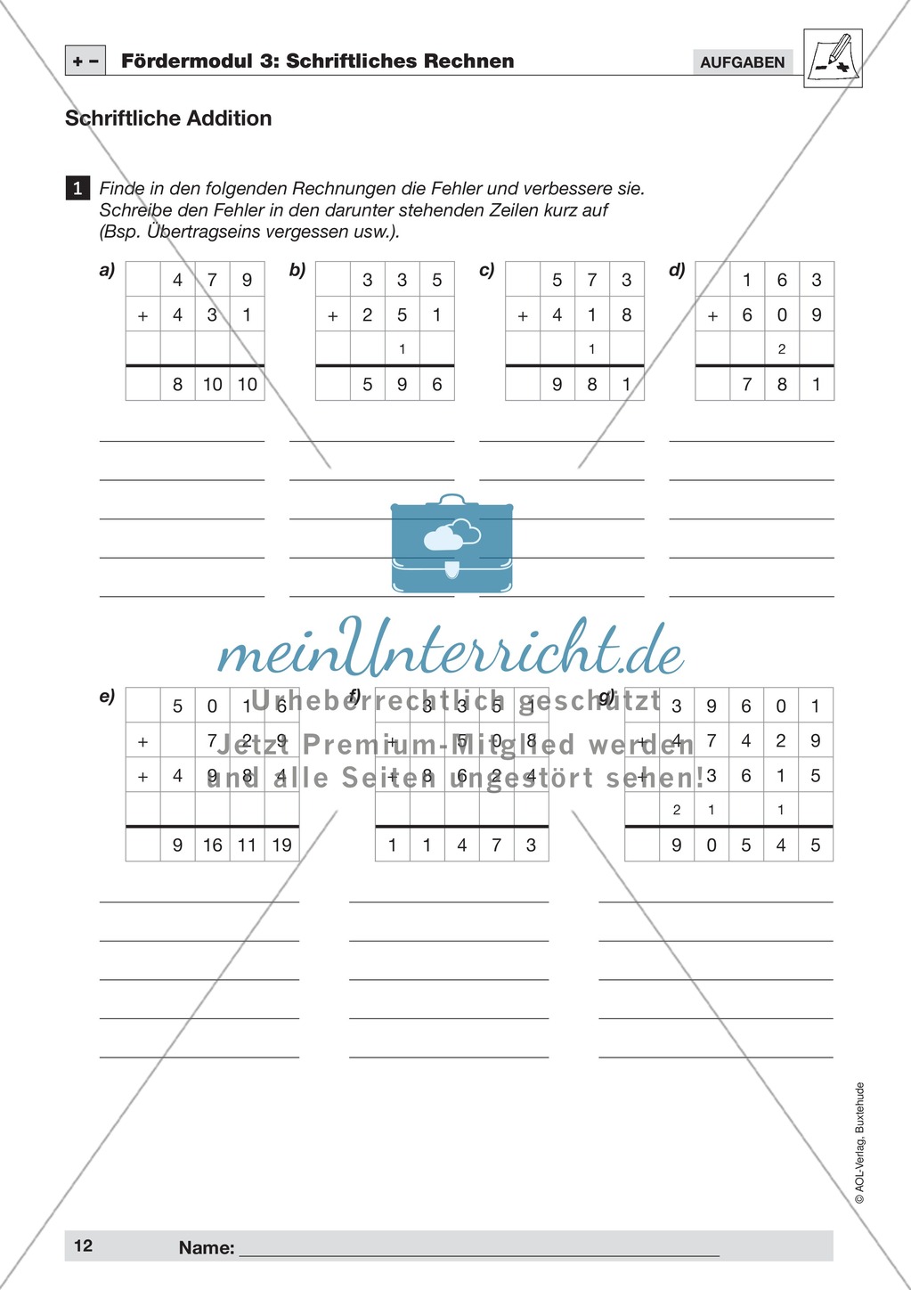 Schriftliches Rechnen Fördermodul 3 (Addition): Übungen + Lösungen Preview 1