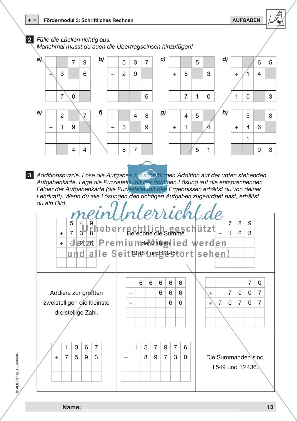 Schriftliches Rechnen Fördermodul 3 (Addition): Übungen + Lösungen Preview 2