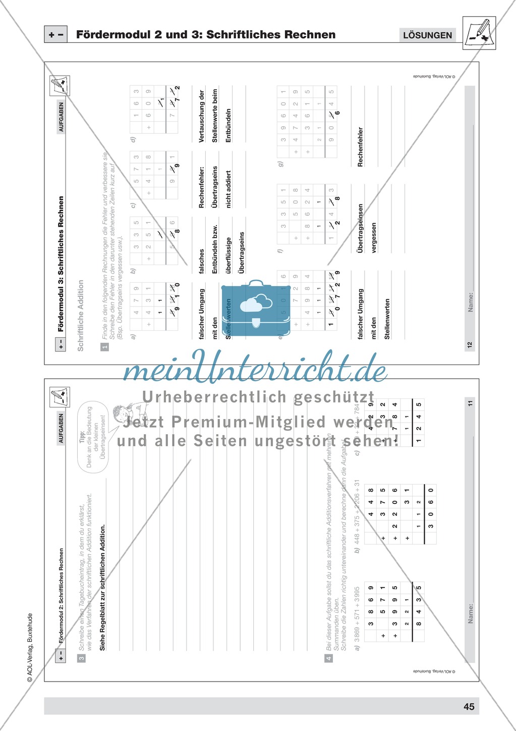 Schriftliches Rechnen Fördermodul 3 (Addition): Übungen + Lösungen Preview 3