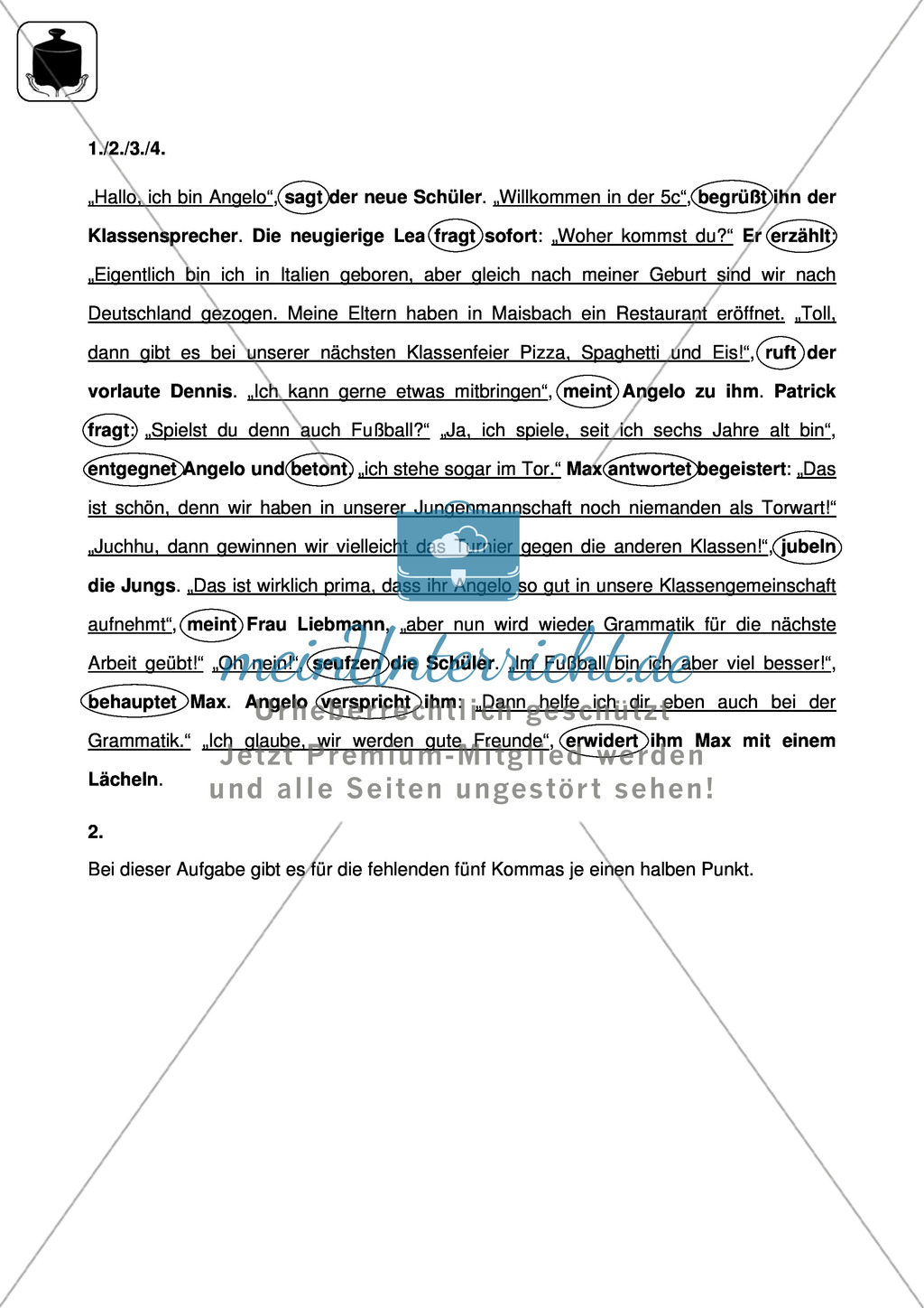 Satzzeichen, Redebegleitsätze: Klassenarbeit und Lösung Preview 2