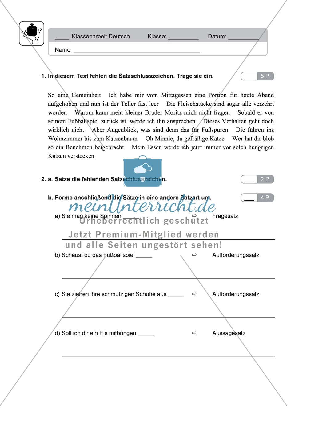 Satzzeichen, Redebegleitsätze: Klassenarbeit und Lösung Preview 1