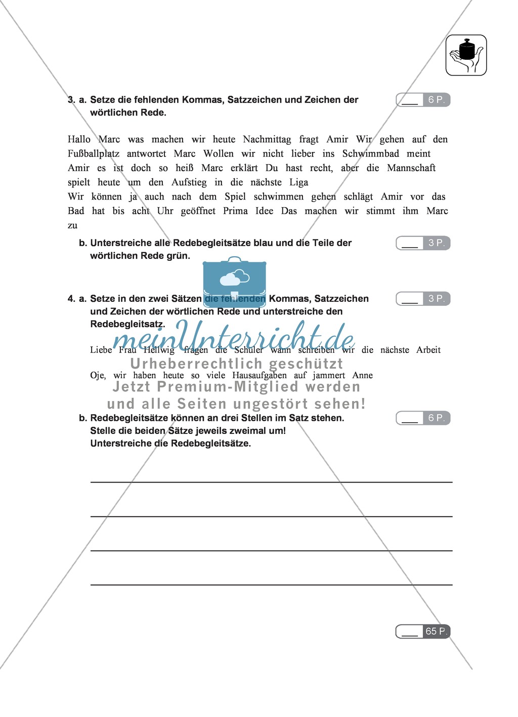 Satzzeichen, Redebegleitsätze: Klassenarbeit und Lösung Preview 2