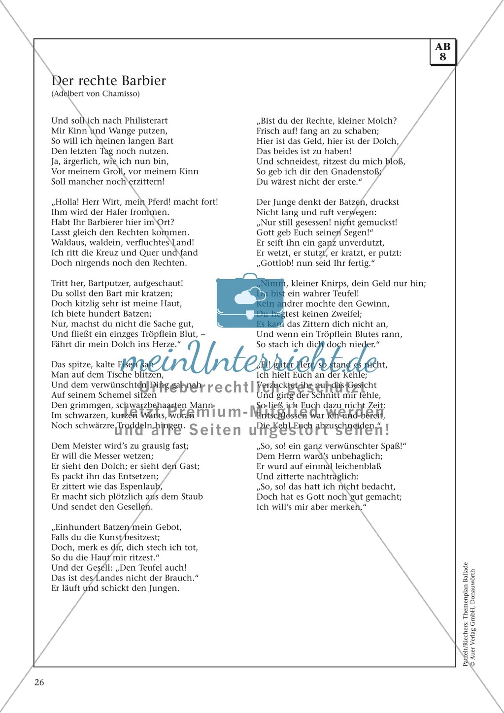 Von Chamissos Ballade "Der rechte Barbier" und Hebels Kalendergeschichte "Der Barbierjunge von Segringen": Texte und Aufgaben Preview 1