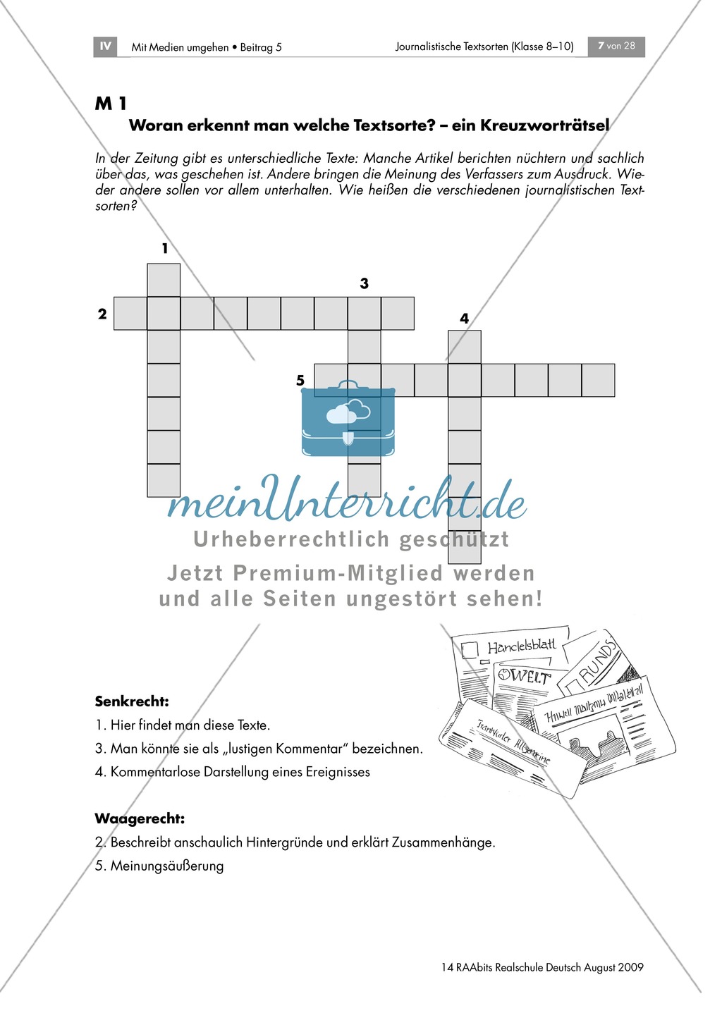 Merkmale journalistischer Textsorten: Kreuzworträtsel + Hinweise + Erwartungshorizont: Material einzeln Preview 1