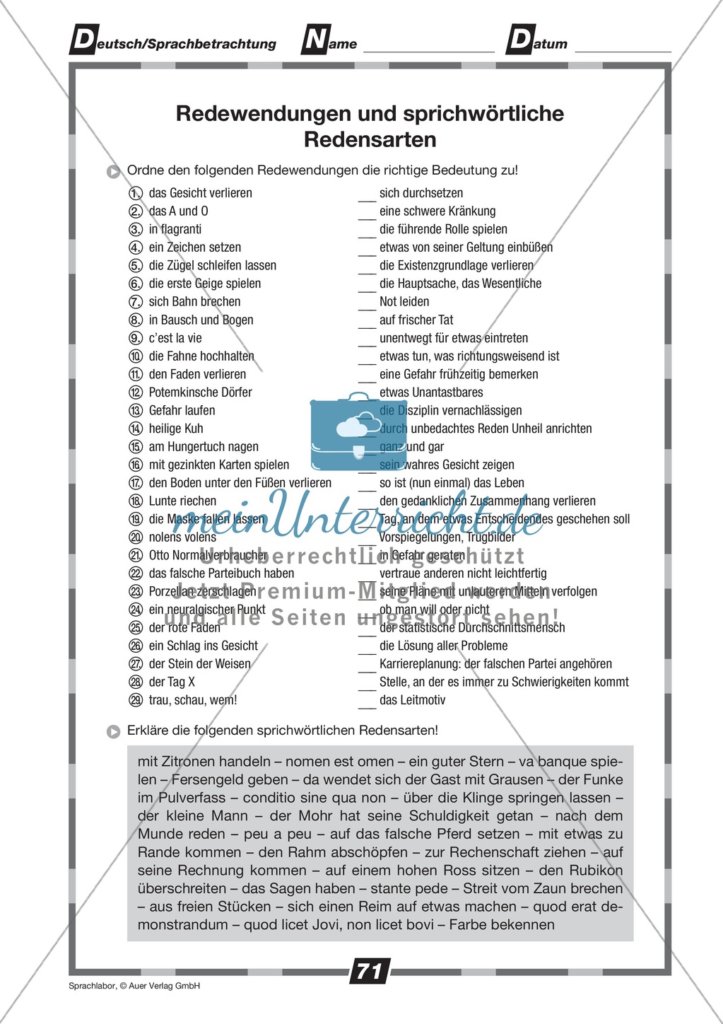 Redewendungen + sprichwörtliche Redensarten: Übungen + Lösungen Preview 1