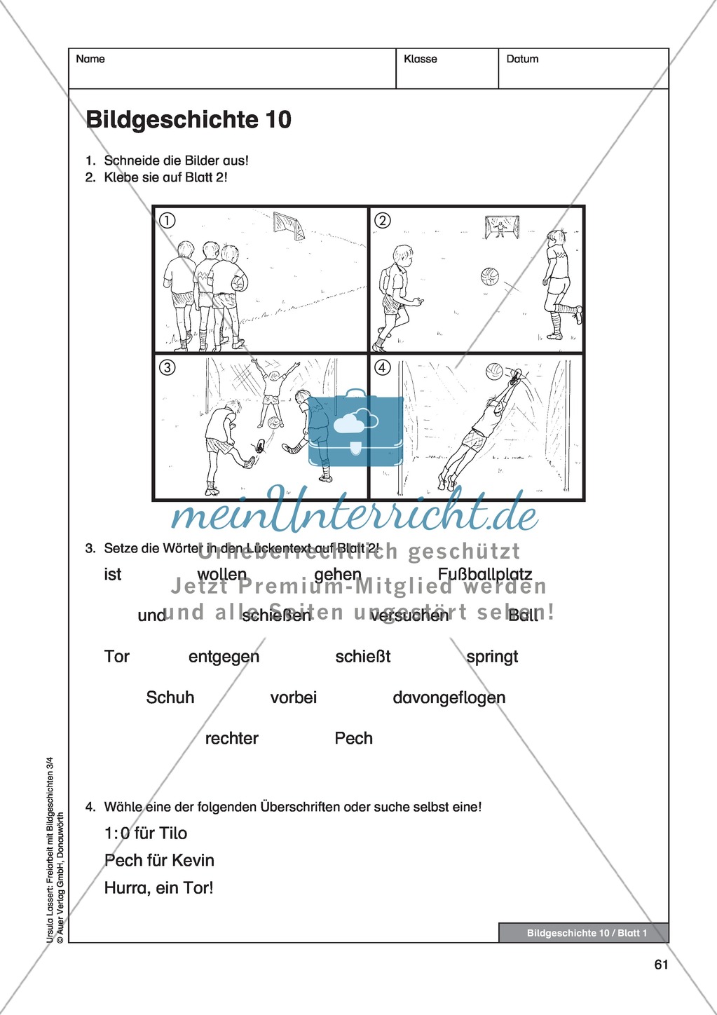 Bildergeschichte "Auf dem Fußballplatz": Bildmaterial + Arbeitsblätter + Lösungen Preview 2