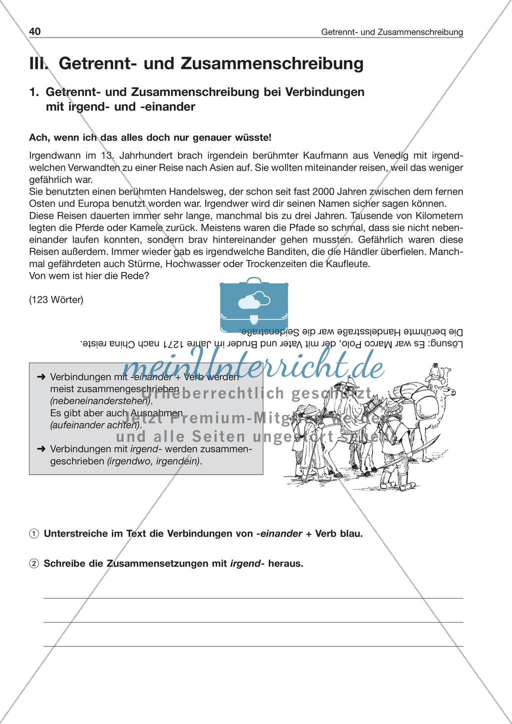 Getrennt- und Zusammenschreibung bei Verbindungen mit irgend- und -einander: Arbeitsblatt + Lösung Preview 1