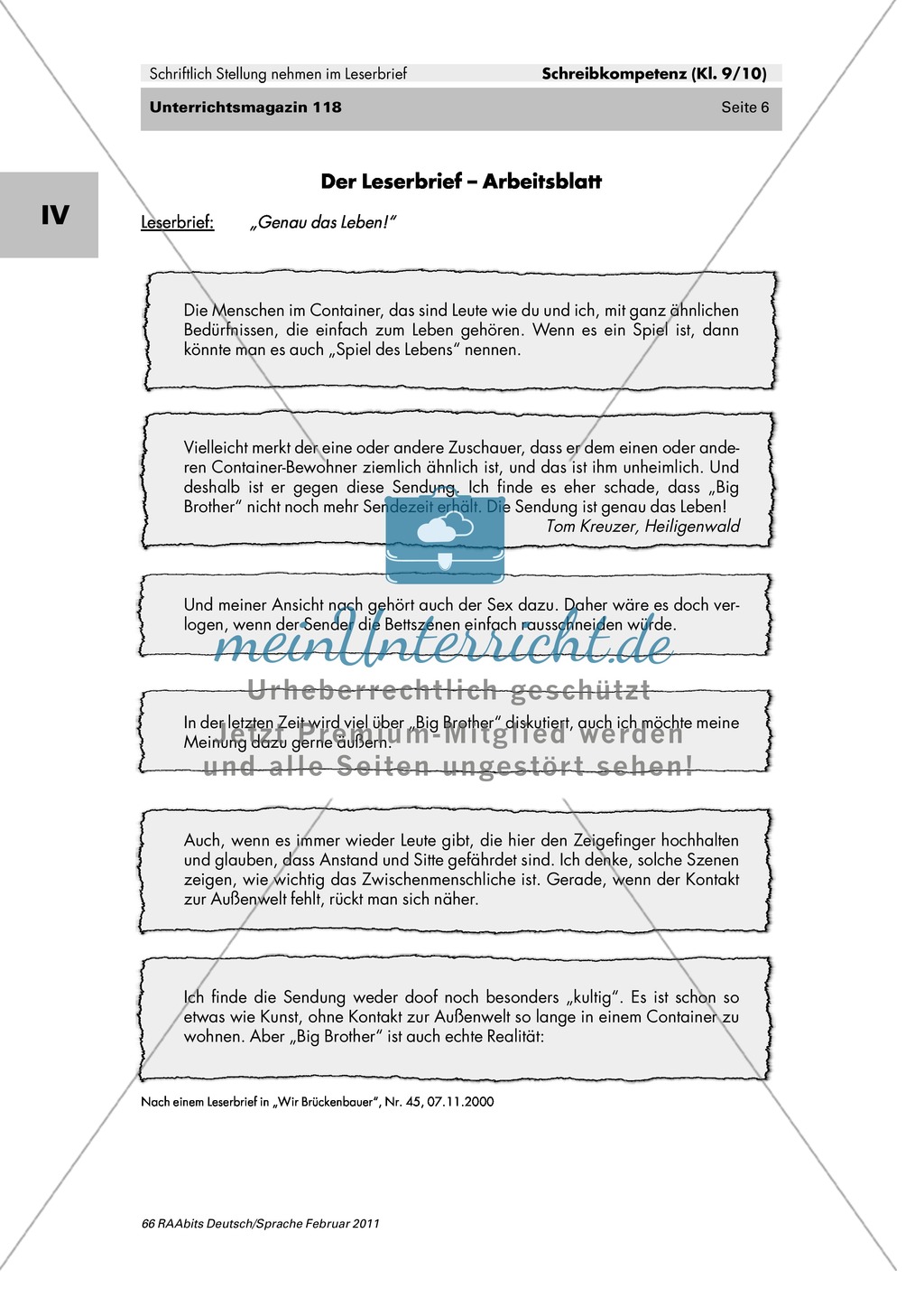 Der Leserbrief als schriftliche Stellungnahme: Merkmale kennen lernen, Fehler finden, Produktion eines eigenen Leserbriefes Preview 2