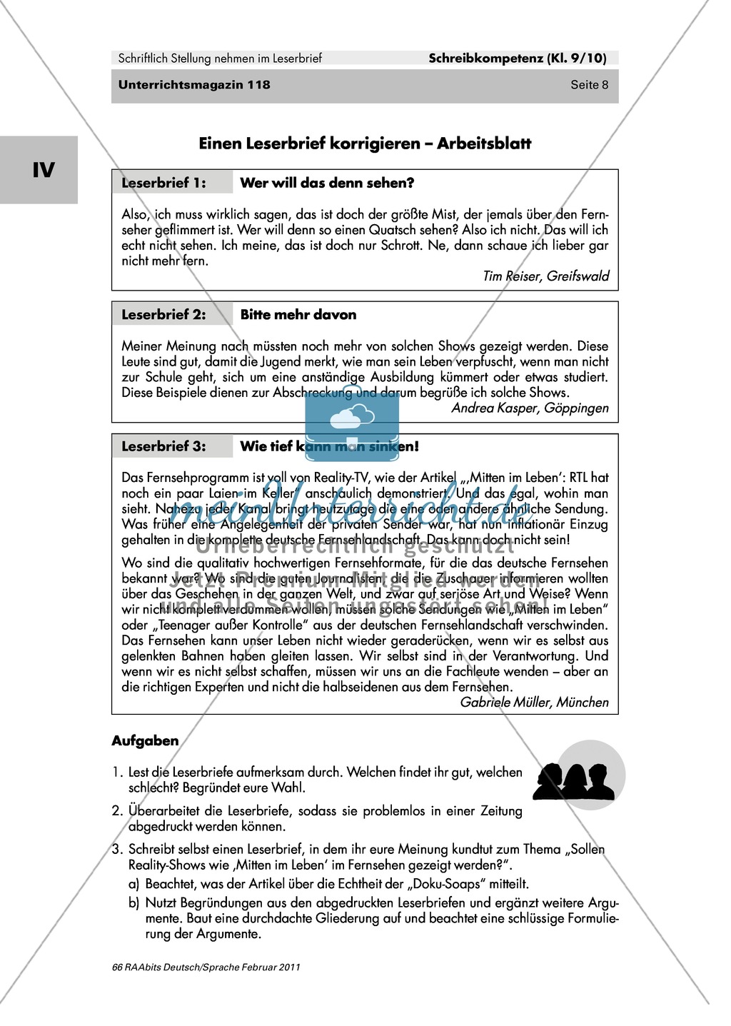 Der Leserbrief als schriftliche Stellungnahme: Merkmale kennen lernen, Fehler finden, Produktion eines eigenen Leserbriefes Preview 4