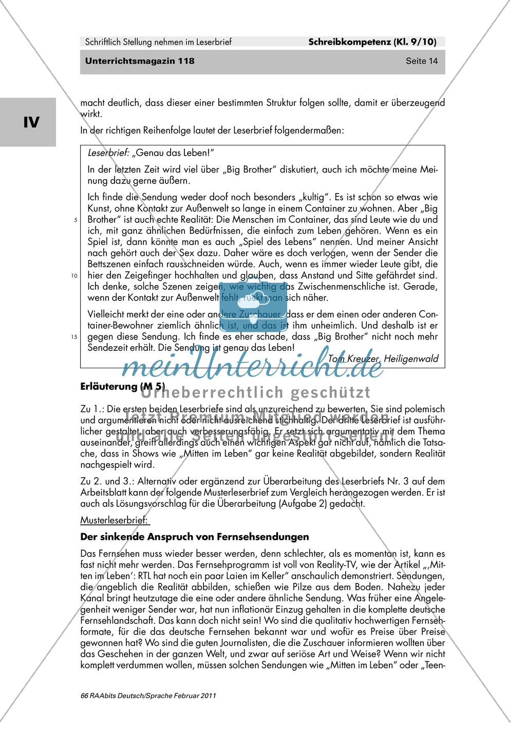 Der Leserbrief als schriftliche Stellungnahme: Merkmale kennen lernen, Fehler finden, Produktion eines eigenen Leserbriefes Preview 9