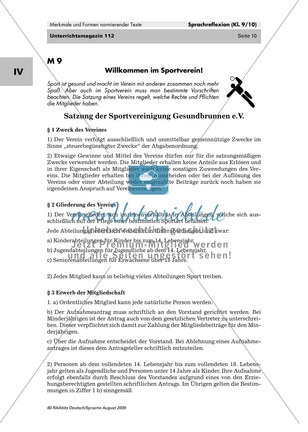 Förderung der Lesekompetenz bei normierenden Texten: Die Satzung eines Sportvereins Preview 1