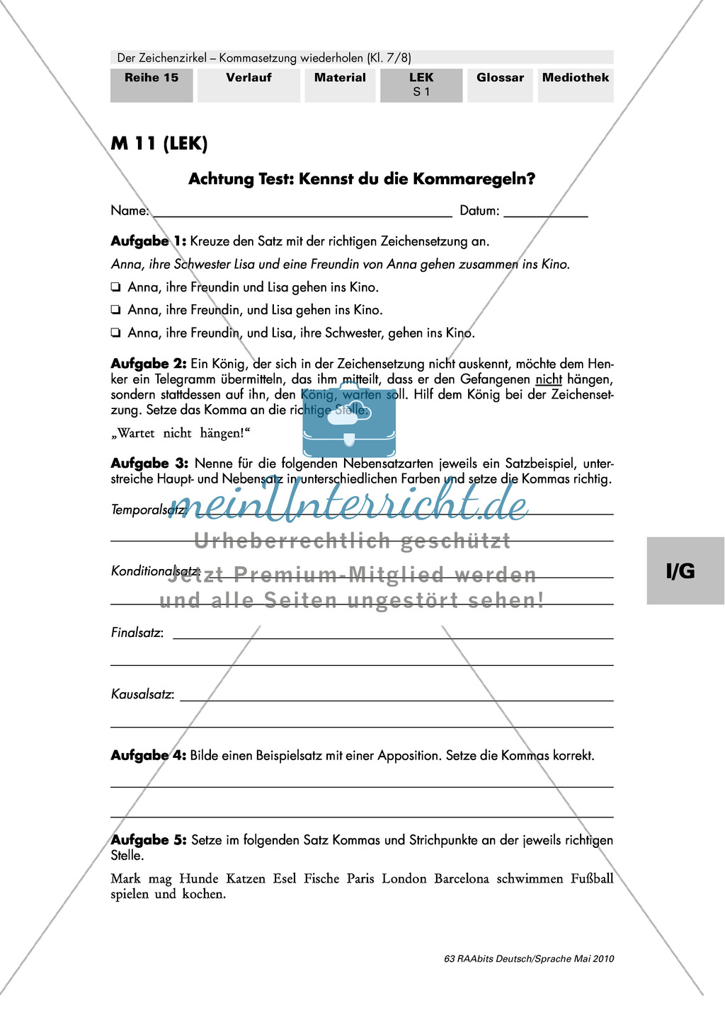 Kommasetzung: Lernerfolgskontrolle Preview 1
