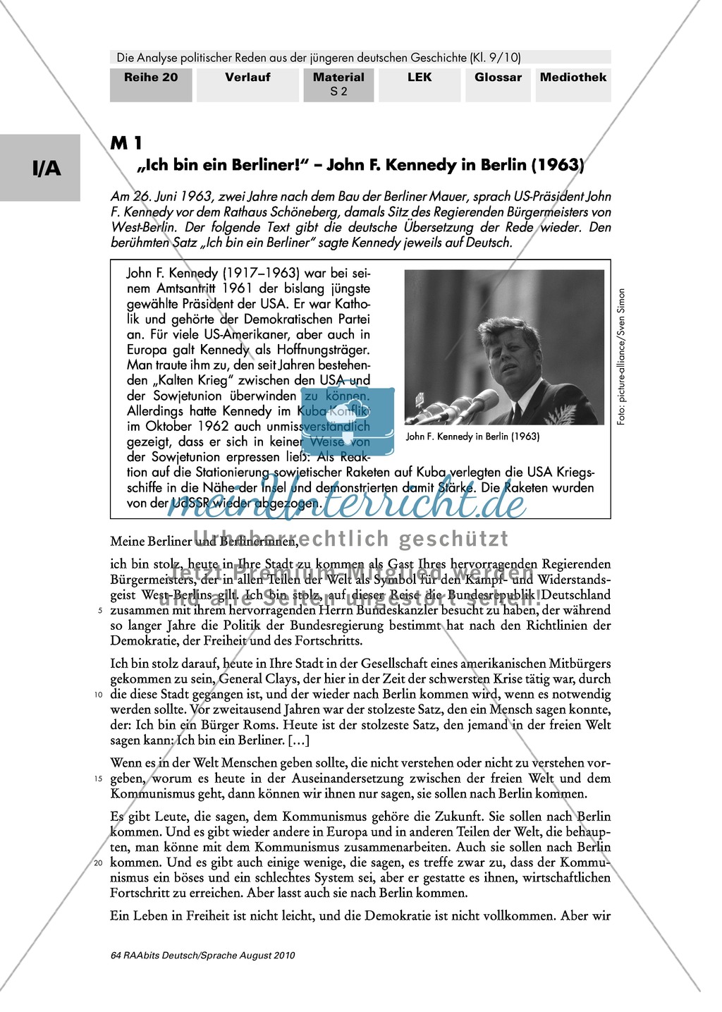 Rede von John F. Kennedy "Ich bin ein Berliner" - Erste Übungen auf dem Weg zur Redeanalyse Preview 1
