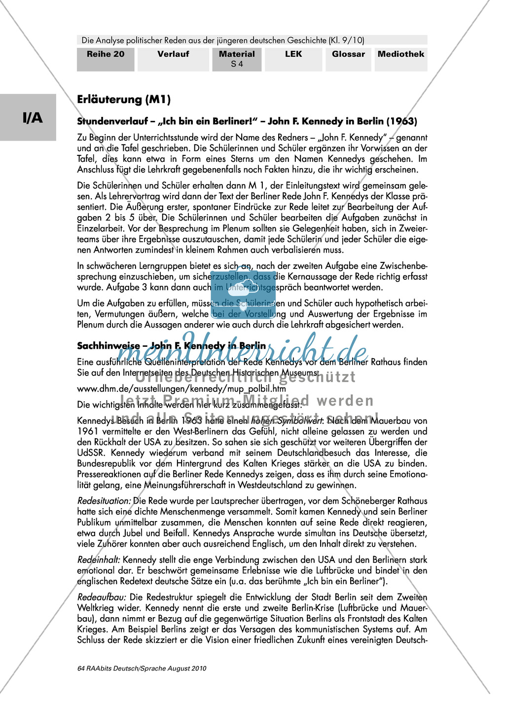 Rede von John F. Kennedy "Ich bin ein Berliner" - Erste Übungen auf dem Weg zur Redeanalyse Preview 3