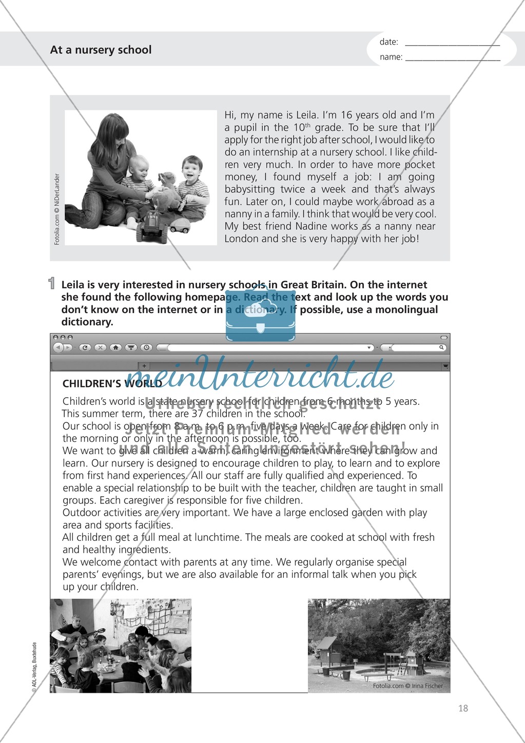 Working in a nursery school: Wortschatz Kinderbetreuung + Übungen zum Gerund Preview 1