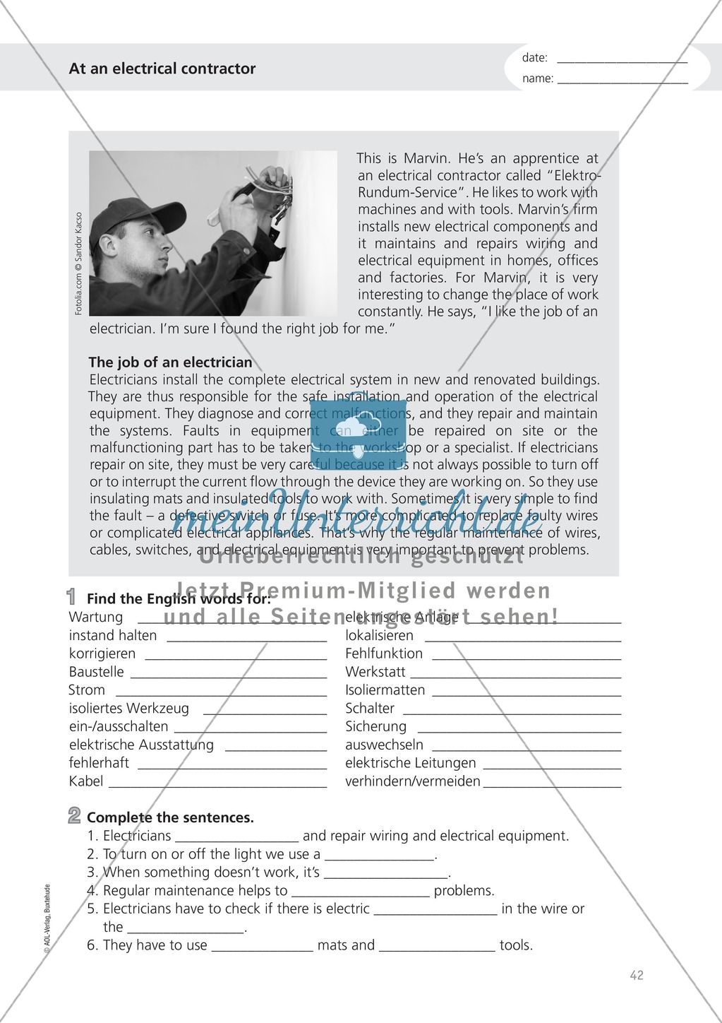 Working as an electrician: Wortschatz Elektriker + Übungen zum Present Perfect Progressive Preview 1