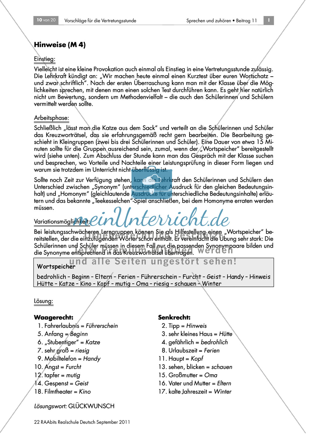 Kreuzworträtsel für die Vertretungsstunde: Synonyme finden Preview 2