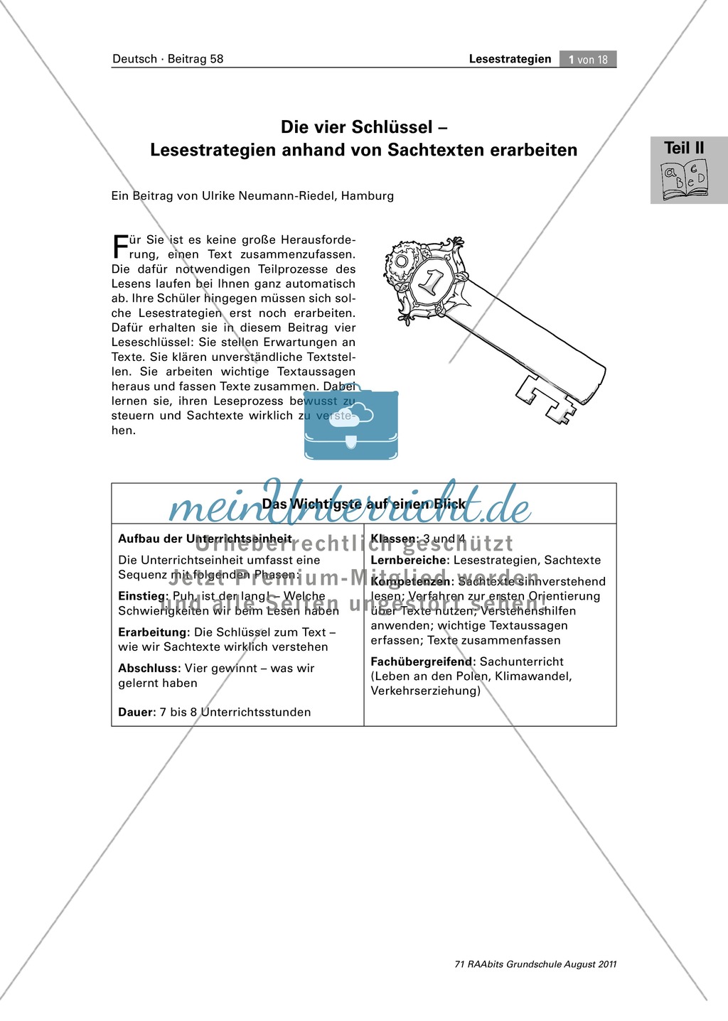 Die vier Schlüssel - Lesestrategien anhand von Sachtexten erarbeiten Preview 1