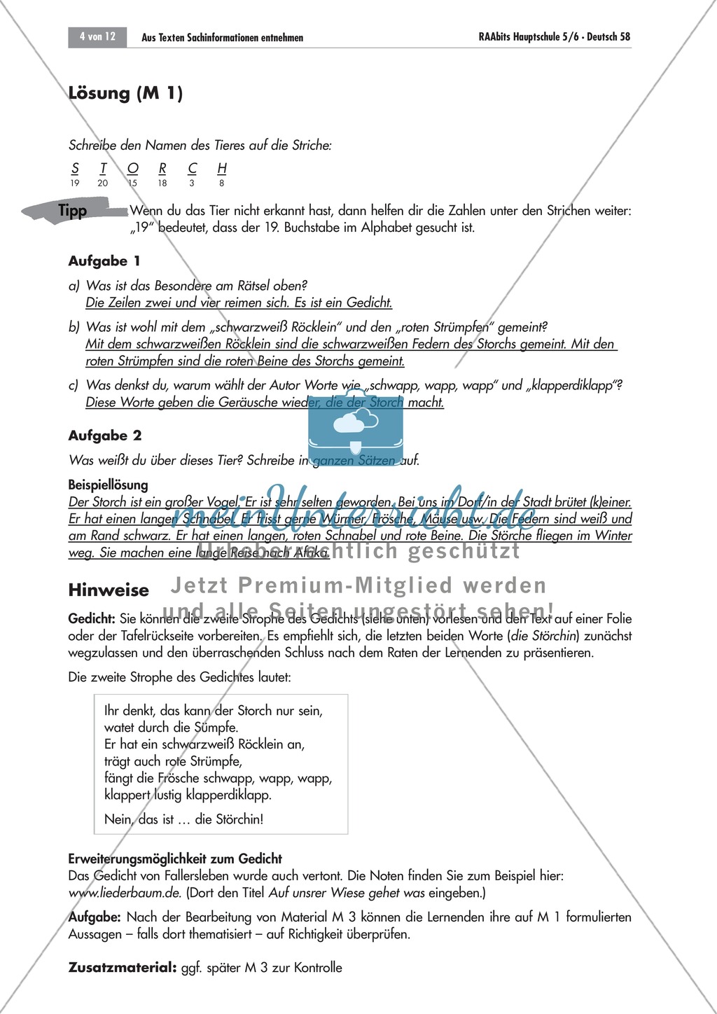 Aus Texten Sachinformationen entnehmen - Aufgaben zum Storchengedicht