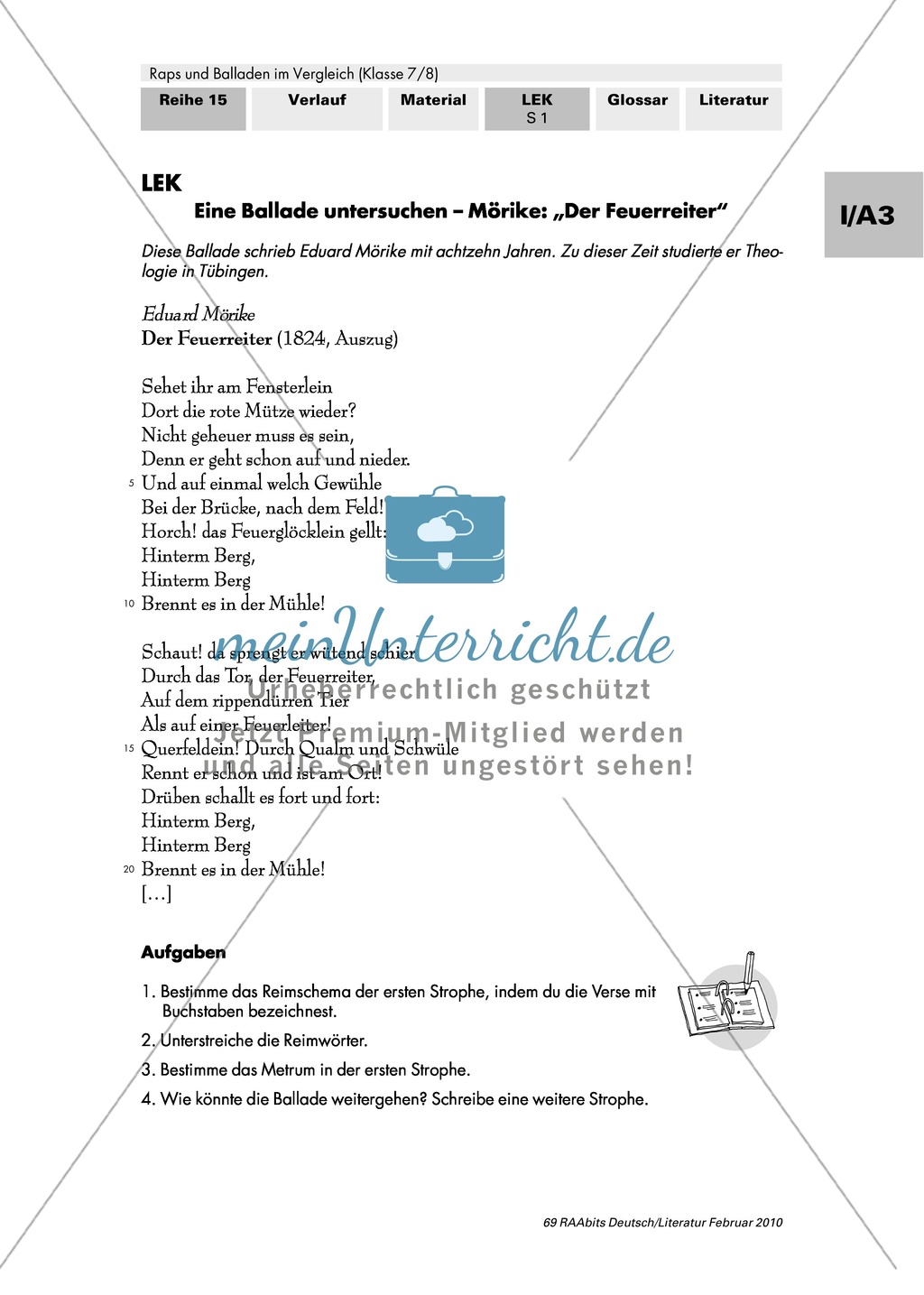 Lernerfolgskontrolle: Ballade untersuchen: Mörike: