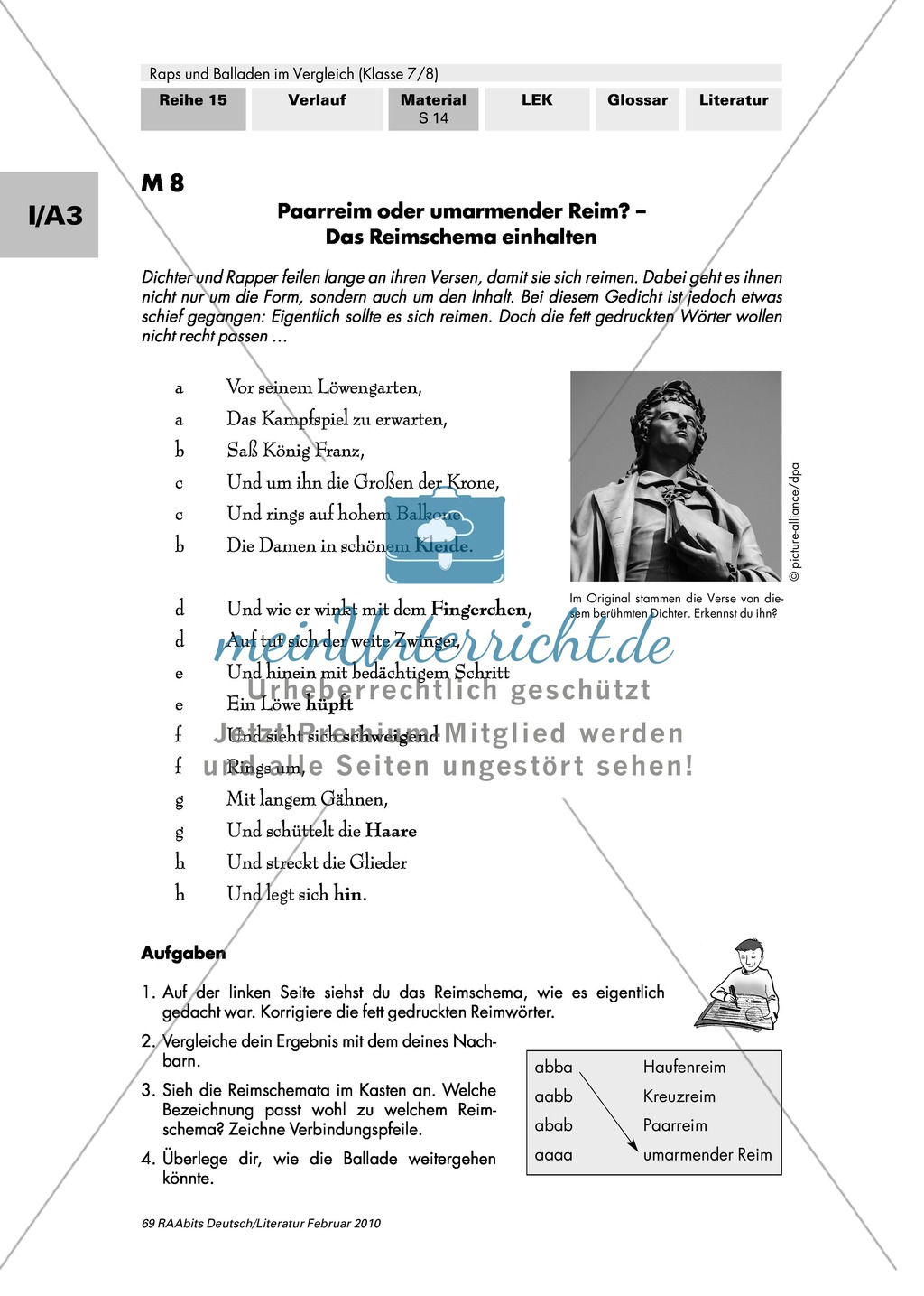 Liebeswerben damals + das richtige Reimschema einhalten am Beispiel: Schiller: "Der Handschuh" Preview 1