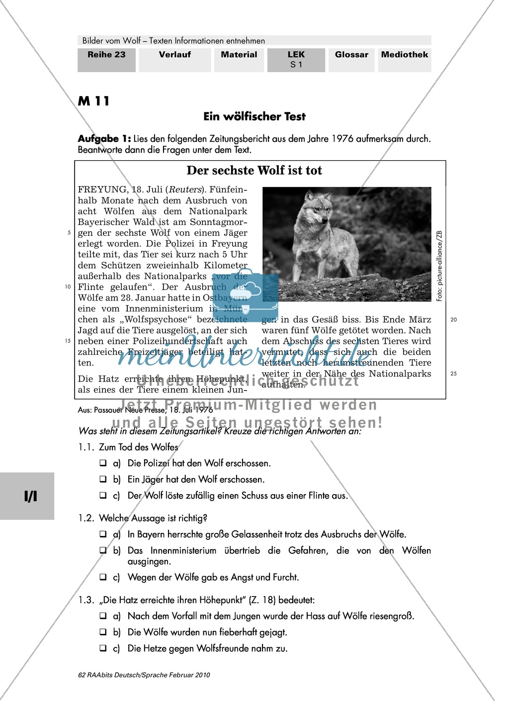 Lernerfolgskontrolle: Textverständnis: Zeitungsartikel über Wolf + Statistik: Ernährungsweise Wolf Preview 2