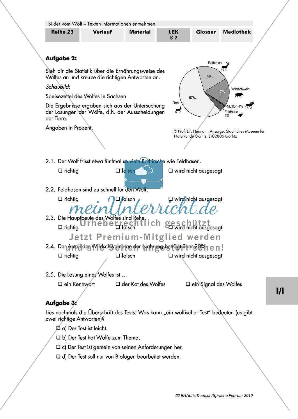 Lernerfolgskontrolle: Textverständnis: Zeitungsartikel über Wolf + Statistik: Ernährungsweise Wolf Preview 3