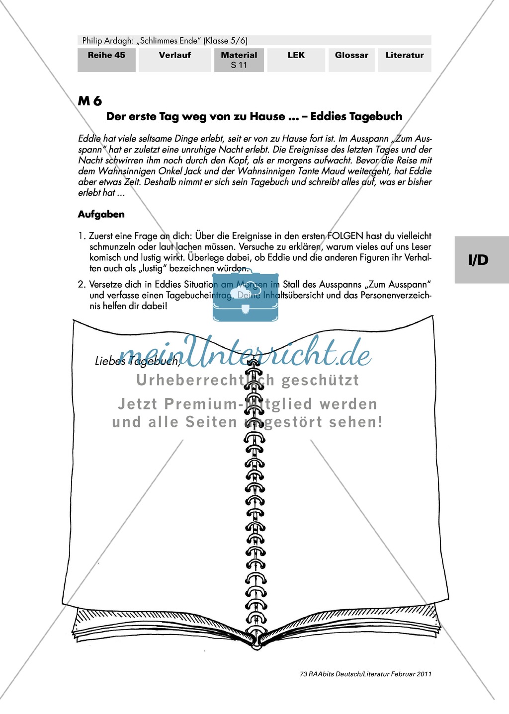 Philip Ardagh "Schlimmes Ende": Einen Tagebucheintrag aus der Sicht der Hauptfigur "Eddie" schreiben Preview 1