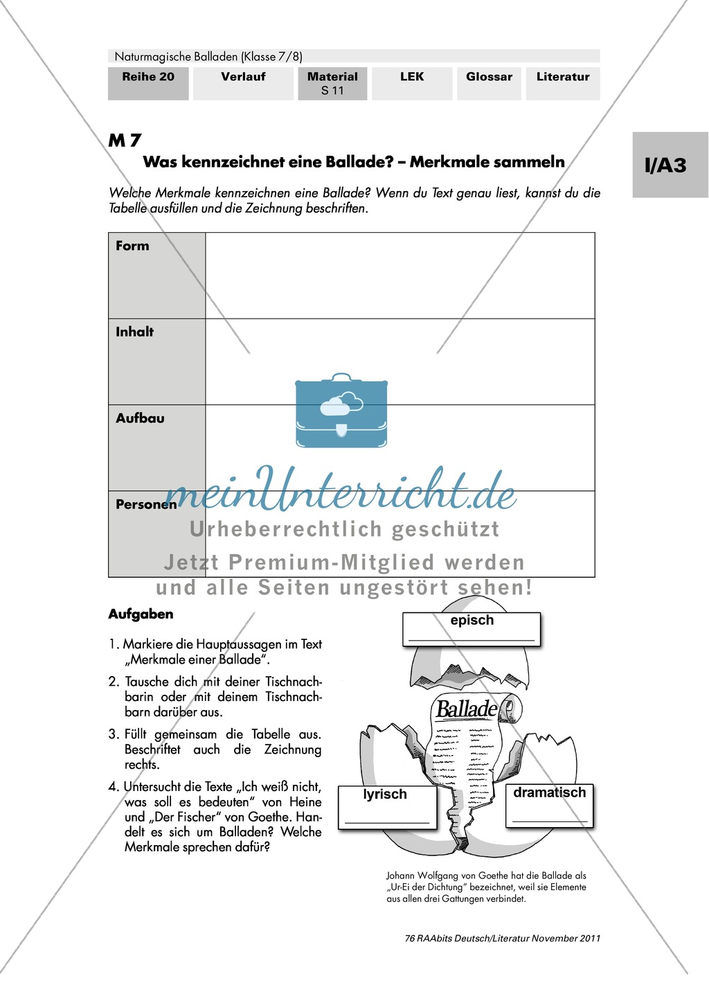 Merkmale von Balladen erarbeiten. Mit Infotext und Tabelle zum ausfüllen. Preview 2