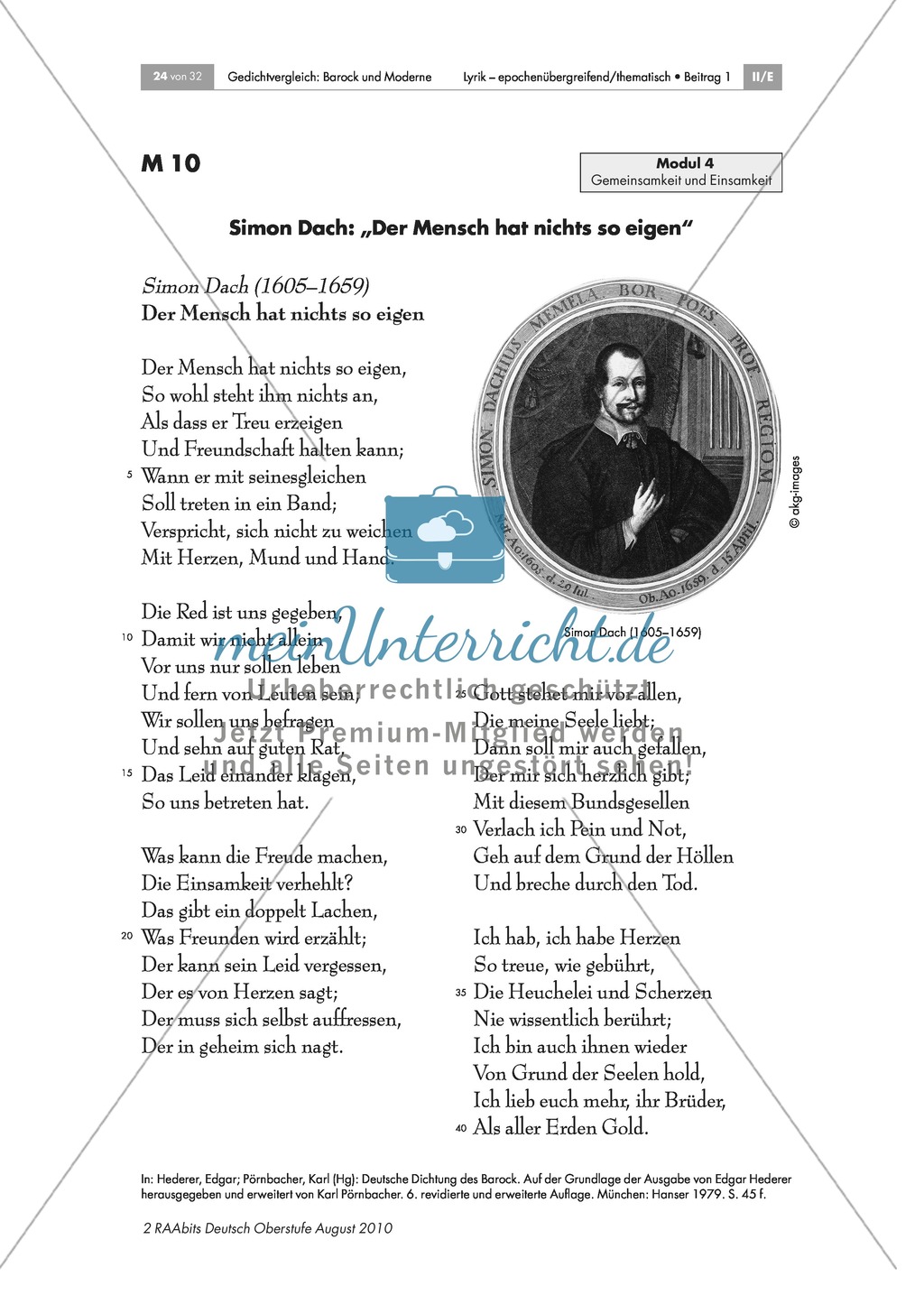 Gedichtvergleich barocker Gedichte mit moderner Lyrik: Freundschaft: Gemeinsamkeit und Einsamkeit: Simon Dach: